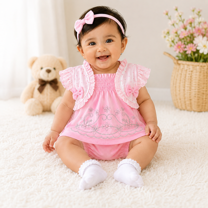 imotee Baby Girls Cotton Embroidered Dress with Bloomer Set