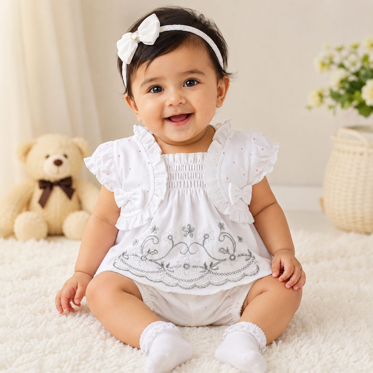 imotee Baby Girls Cotton Embroidered Dress with Bloomer Set