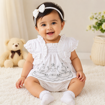 imotee Baby Girls Cotton Embroidered Dress with Bloomer Set