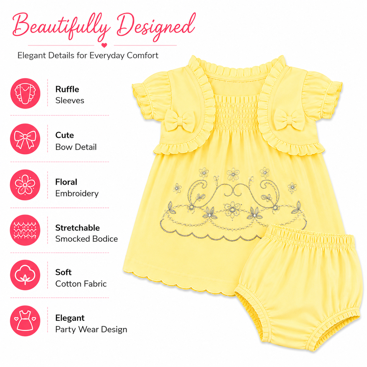 imotee Baby Girls Cotton Embroidered Dress with Bloomer Set
