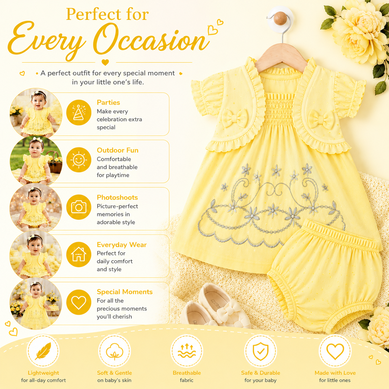 imotee Baby Girls Cotton Embroidered Dress with Bloomer Set
