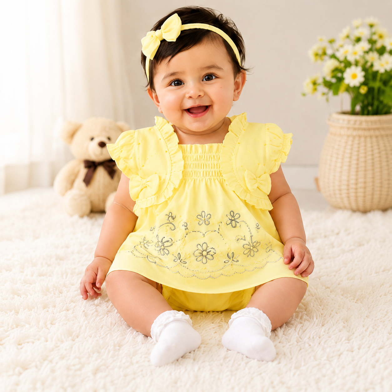 imotee Baby Girls Cotton Embroidered Dress with Bloomer Set