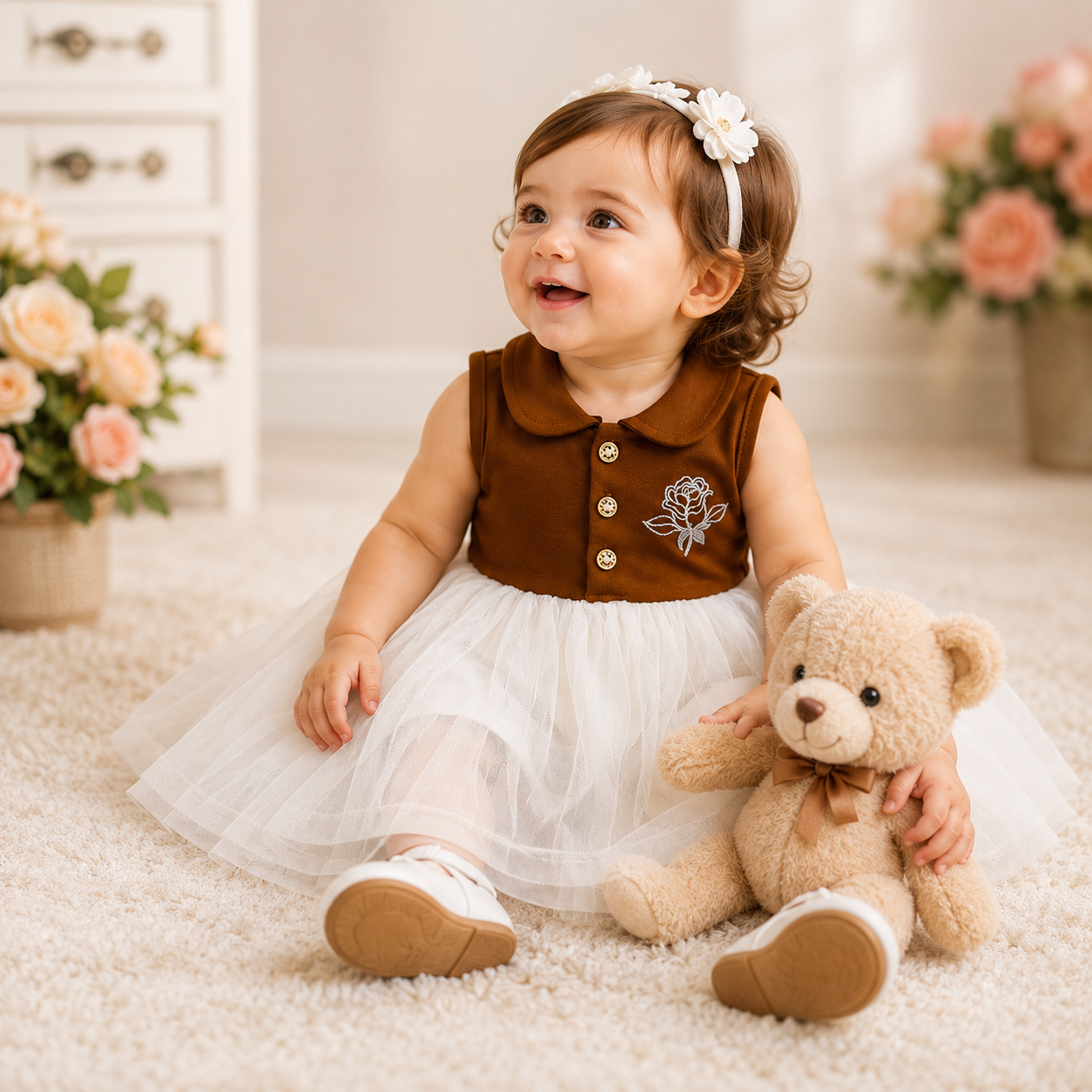 Imotee Baby Girls Sleeveless Party Wear Dress with Peter Pan Collar, Cotton Knitted Fabric and Soft Net