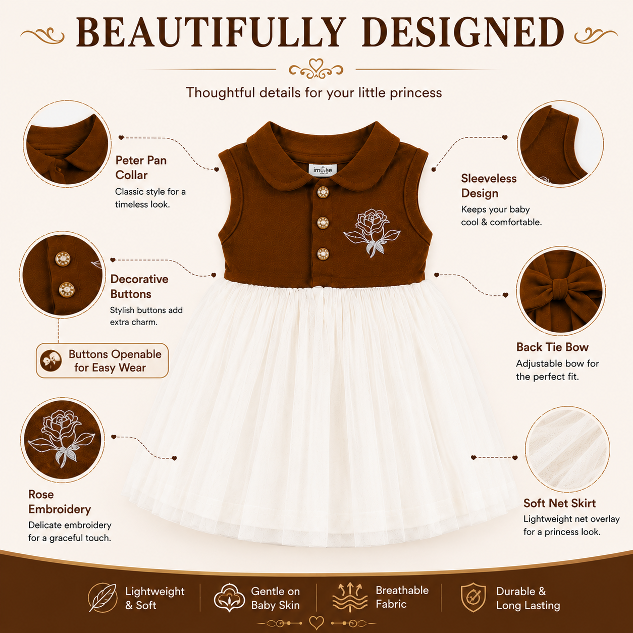 Imotee Baby Girls Sleeveless Party Wear Dress with Peter Pan Collar, Cotton Knitted Fabric and Soft Net