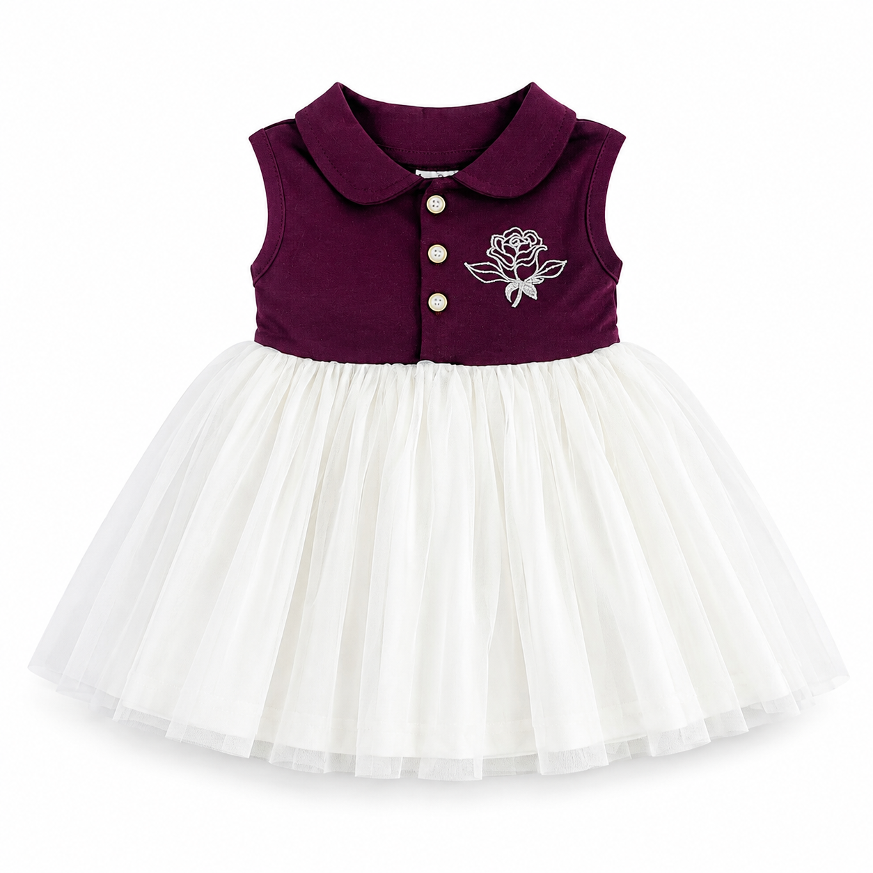 Imotee Baby Girls Sleeveless Party Wear Dress with Peter Pan Collar, Cotton Knitted Fabric and Soft Net
