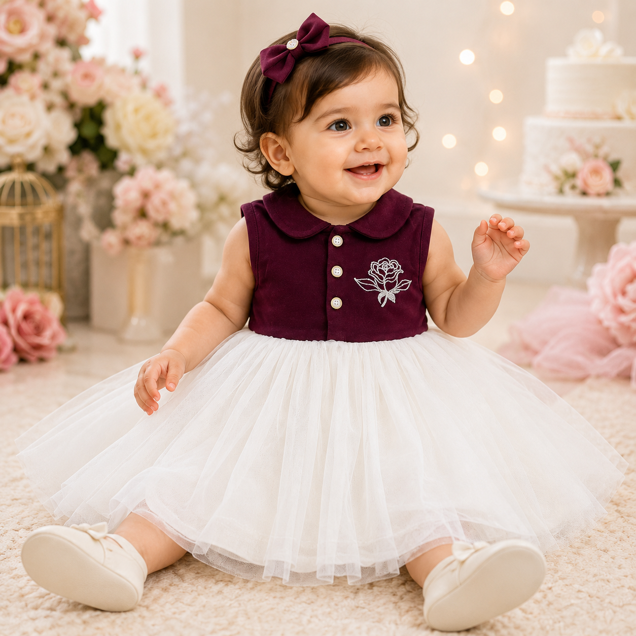 Imotee Baby Girls Sleeveless Party Wear Dress with Peter Pan Collar, Cotton Knitted Fabric and Soft Net