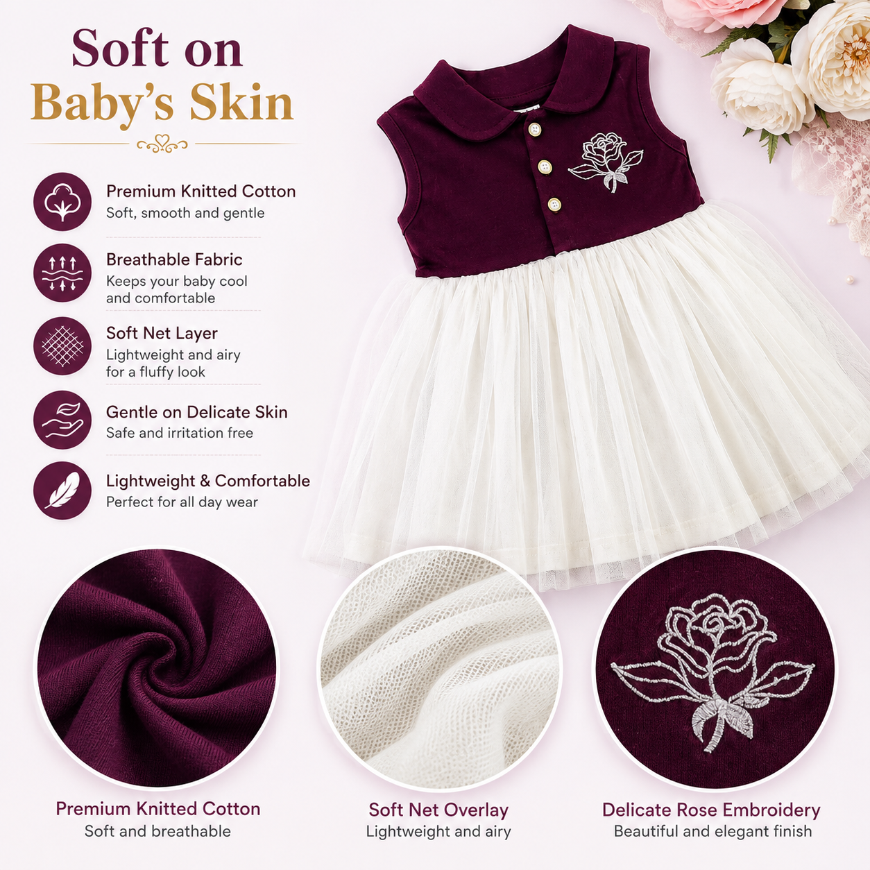 Imotee Baby Girls Sleeveless Party Wear Dress with Peter Pan Collar, Cotton Knitted Fabric and Soft Net