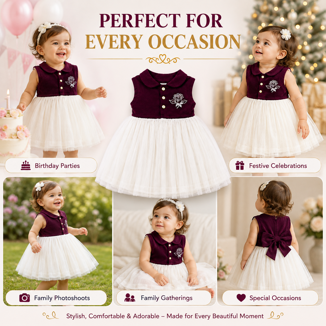 Imotee Baby Girls Sleeveless Party Wear Dress with Peter Pan Collar, Cotton Knitted Fabric and Soft Net